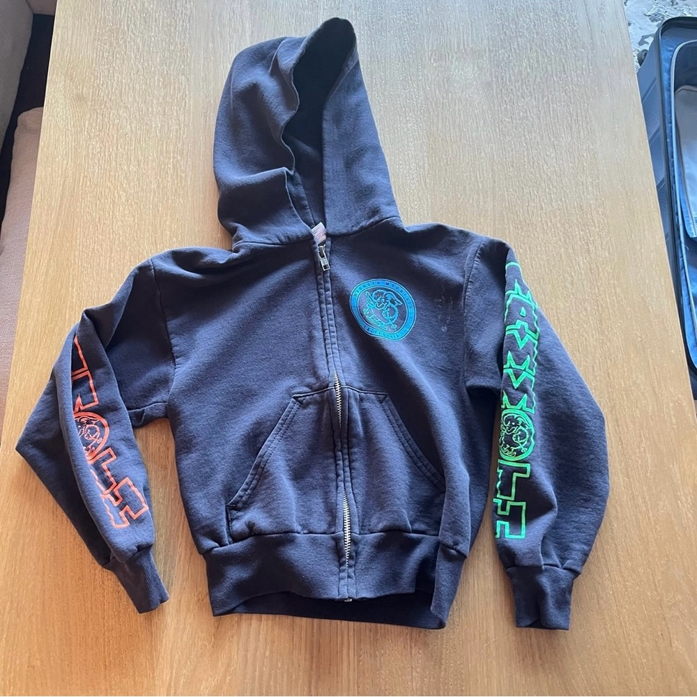 Kids Black Zip-Up Hoodie with Green & Orange Sleeve Graphics
